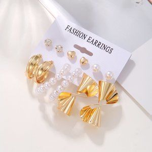 3/$35 6 Pairs Set Pack Earrings Rhinestone Pearl Heart Gold Studs Hoop Huggies
